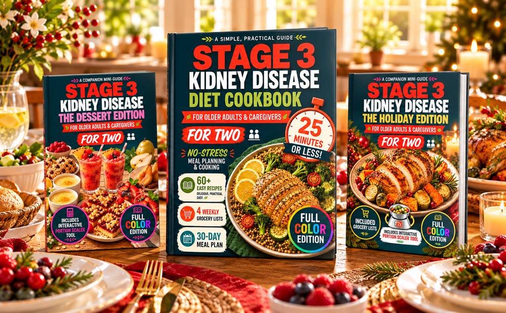 Three Stage 3 kidney disease cookbooks: the main cookbook for two, the Dessert Edition and the Holiday Edition