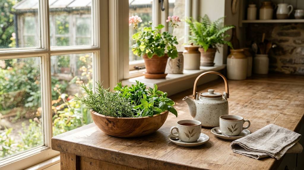 A rustic kitchen counter by a sunny window with a wooden bowl of fresh herbs, a teapot and two cups of tea, and a linen napkin